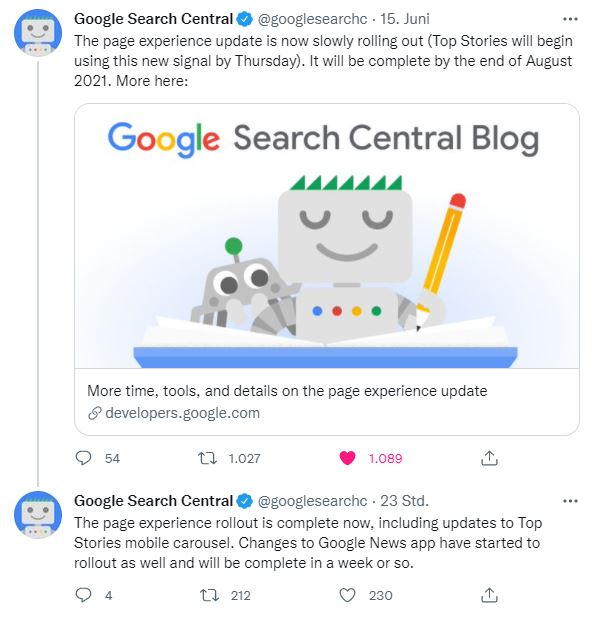 Page Experience Update finished - Google Search Console Twitter