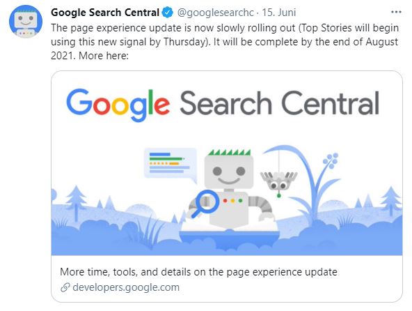 Tweet by Google Search - Page Experience Update is rolling out