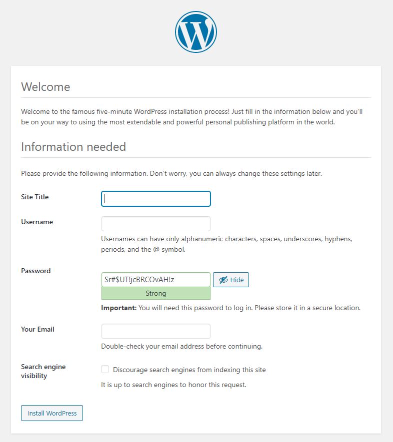 Wordpress Installation - Create admin account