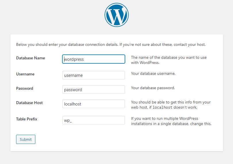 Wordpress Installation - Enter database connection data